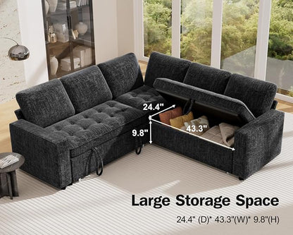 Vipbear 5 Seat L Shaped Modular Sectional Sleeper Sofa Bed with Pull Out Bed/Reclining Backrest/USB Ports/Storage Seat, Sectional Sleeper Couch, Tool-Free Assembly, Chenille Black