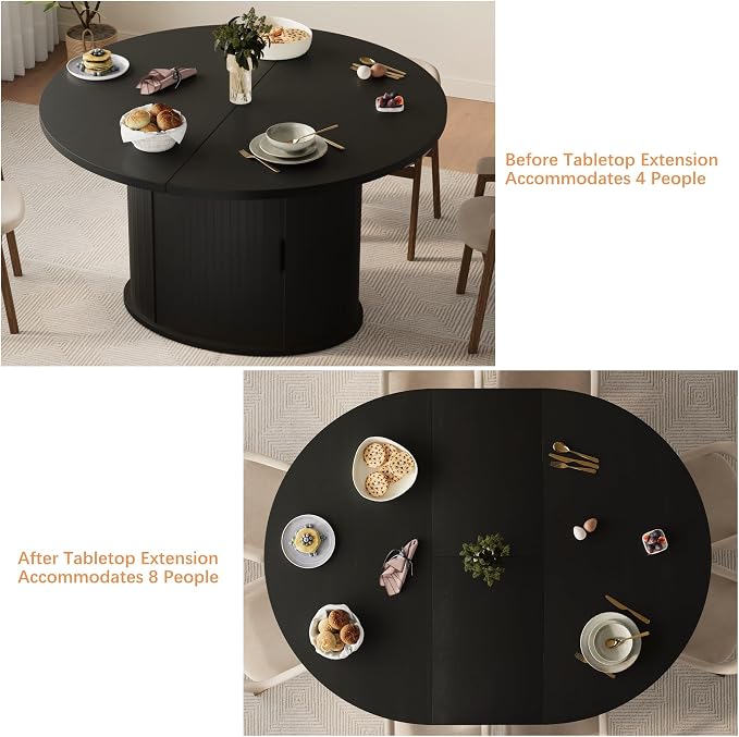 Dining Table for 4-6, 63“Extendable Round Dining Room Kitchen Table with 2-Tier Storage Shelf, Fluted Wood Table with Slide Door, Expandable Wood Oval Dinner Furniture with Pedestal Base (Black)