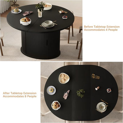 Dining Table for 4-6, 63“Extendable Round Dining Room Kitchen Table with 2-Tier Storage Shelf, Fluted Wood Table with Slide Door, Expandable Wood Oval Dinner Furniture with Pedestal Base (Black)