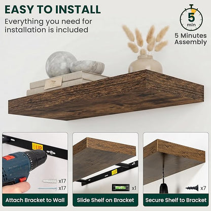 Floating Shelves for Wall 48 in x 9.3 in Deep, Wall Mounted Rustic Wood Shelf with Invisible Brackets for Storage & Display, Living Room Bedroom Bathroom, Brown, 2 Pack