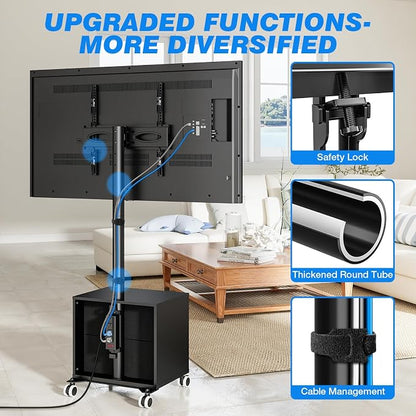 Rfiver Rolling TV Stand with Power Outlet and 2 Drawers for 32-60 Inch TVs, Swivel Mobile TV Cart with Wheels, 6-Level Height Adjustable Floor TV Mount up to 88lbs, Max VESA 400x400mm