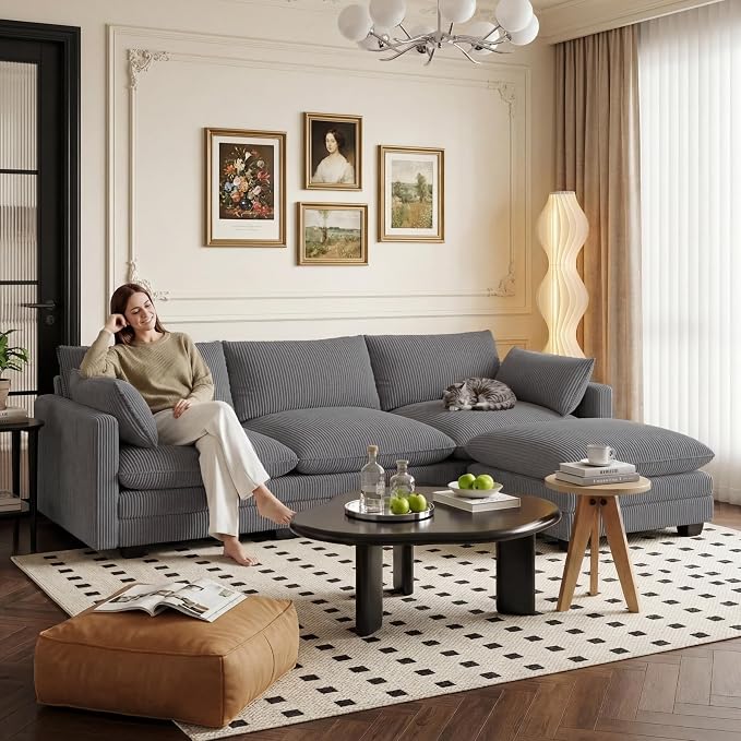 Gizoon 110'' Oversized L Shaped Couch for Living Room, Cloud Couches with Washable Corduroy Cover, Modern 4-Seater Comfy Deep-Seat Sofa with Movable Ottoman and 2 Throw Pillows for Apartment, Gray