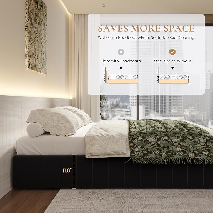 SHA CERLIN King Size Velvet Upholstered Platform Bed Frame with 4 Storage Drawers, Vertical Channel Tufted, Low Profile, Fits Standard Headboards, Wooden Slats Support, Easy Assembly, Black