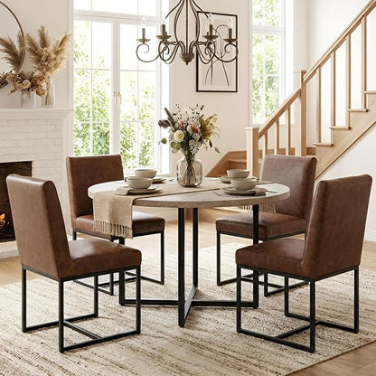 VESCASA Faux Leather Upholstered Dining Chairs with Black Metal Frame, Mid Century Modern Padded Kitchen Chair with Adjustable Foot Pads for Restaurant, Dining Room, Set of 4, Brown