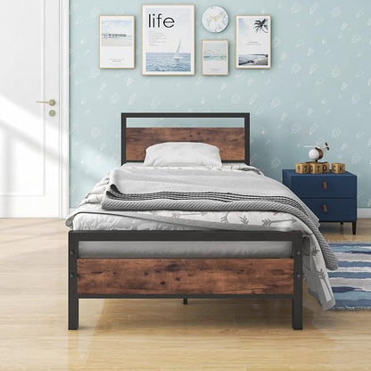 BOFENG Twin Size Bed Frame with Vintage Wood Headboard Farmhouse Bed,Heavy Duty Metal Platform Single Bed Frames No Box Spring Needed,Firm Mattress Foundation Steel Slat Support Easy Assembly(Brown)