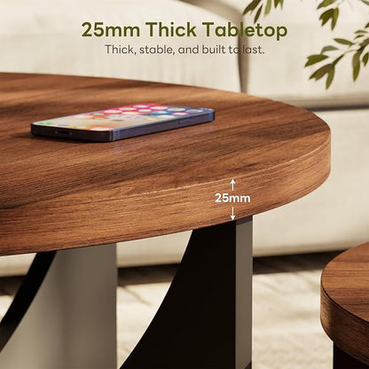 LIKIMIO Nesting Coffee Tables Set of 2, 31.5" Round Side Tables for Living Room, Wooden End Table, Walnut