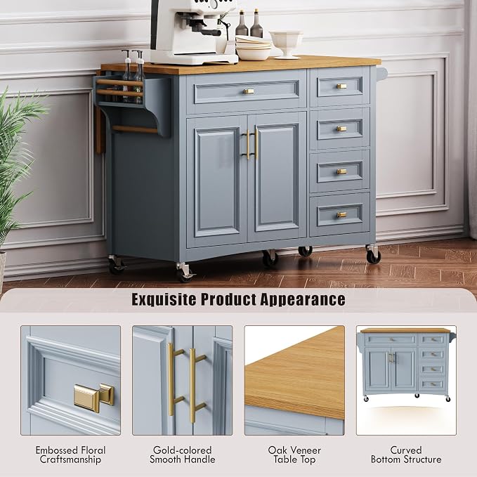 Large Kitchen Island with Rubber Wood Drop Leaf, Rolling Kitchen Cart with Ample Storage on Wheels with Doors and Drawers, Embossed Texture for Dining Room (52Inch, Grey, Golden Handle)