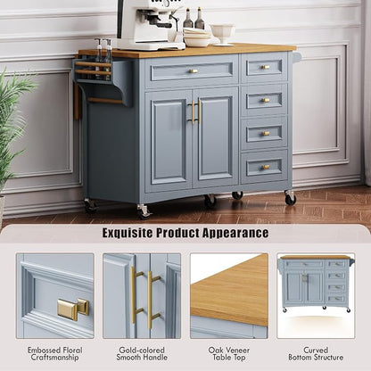 Large Kitchen Island with Rubber Wood Drop Leaf, Rolling Kitchen Cart with Ample Storage on Wheels with Doors and Drawers, Embossed Texture for Dining Room (52Inch, Grey, Golden Handle)