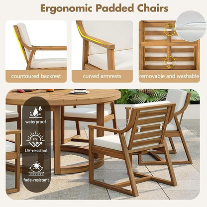 Quarte 7-Piece Patio Dining Table Set, Round Dining Table with 1.96" Umbrella Hole, Outdoor Wooden Patio Furniture Set for Garden, Backyard and Pools (Light Teak-7)