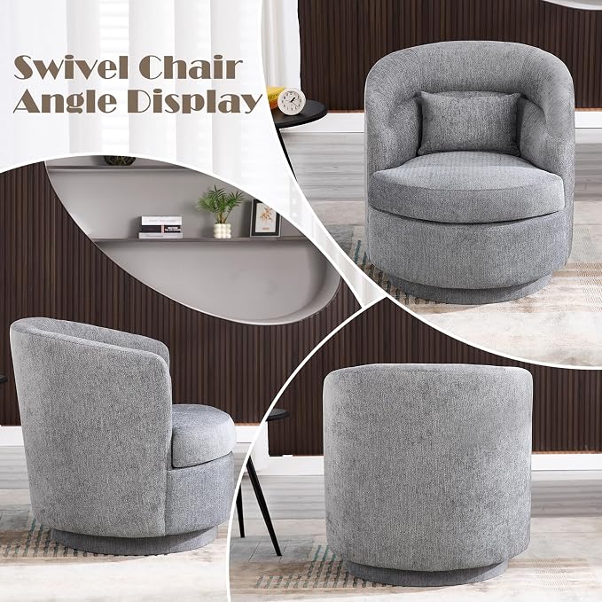 CANMOV Swivel Accent Chair Set of 2, 360 Degree Round Swivel Barrel Chair with Pillow, Upholstered Comfy Barrel Armchair Single Club Sofa Chair for Living Room, Bedroom, Reading Room,Dark Grey