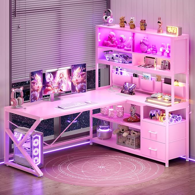 SEDETA L Shaped Gaming Desk, Home Office Computer Desk with 2 Drawer and Bookshelf, L Shaped Gaming Desk with LED Light, Glass Cabinet and Storage Bag, Corner Desk with Storage Shelves, Pink