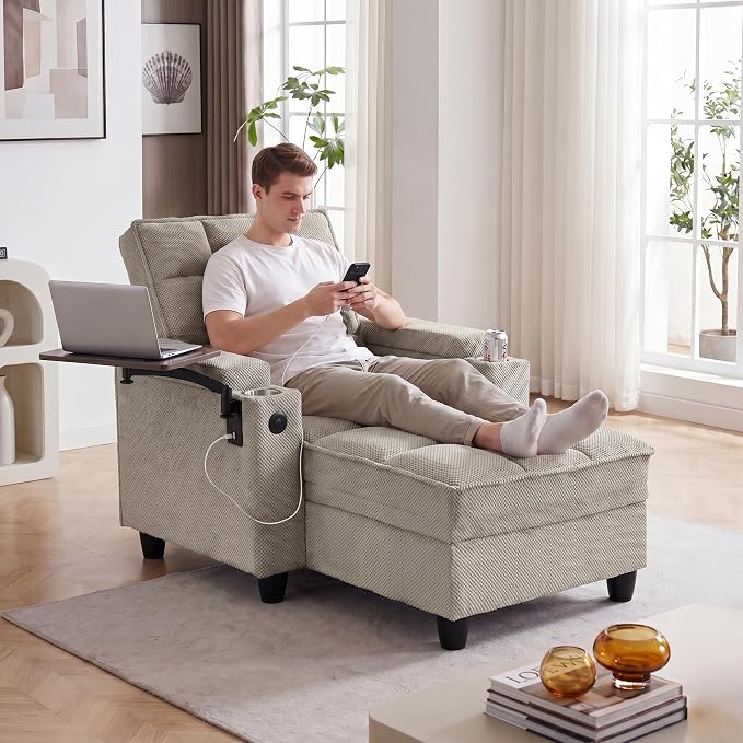 Convertible Sleeper Chair, Pull Out Sofa Bed with Adjustable Backrest & Hidden Storage Armrest, Single Sofa Recliner with USB Charging Port & Cup Holders for Living Room, Bedroom, Khaki