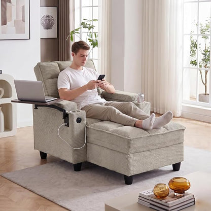 Convertible Sleeper Chair, Pull Out Sofa Bed with Adjustable Backrest & Hidden Storage Armrest, Single Sofa Recliner with USB Charging Port & Cup Holders for Living Room, Bedroom, Khaki