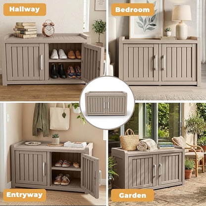 ROJIK Shoe Cabinet Waterproof UV-Resistant,Storage Bench Indoor Outdoor with Adjustable Shelves,for Entryway Bedroom,Hallway,Living Room(Double Door,Grey)