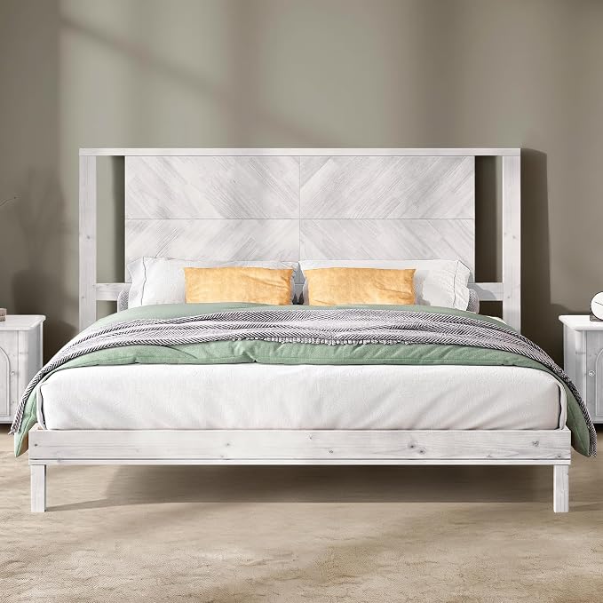 AMERLIFE Solid Wood King Size Bed Frame with Headboard, Mid Century Modern Style Platform Bed with Under-Bed Storage, No Box Spring Needed, Noise Free, Easy Assembly, Antique White