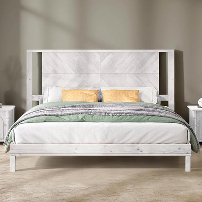 AMERLIFE Solid Wood King Size Bed Frame with Headboard, Mid Century Modern Style Platform Bed with Under-Bed Storage, No Box Spring Needed, Noise Free, Easy Assembly, Antique White