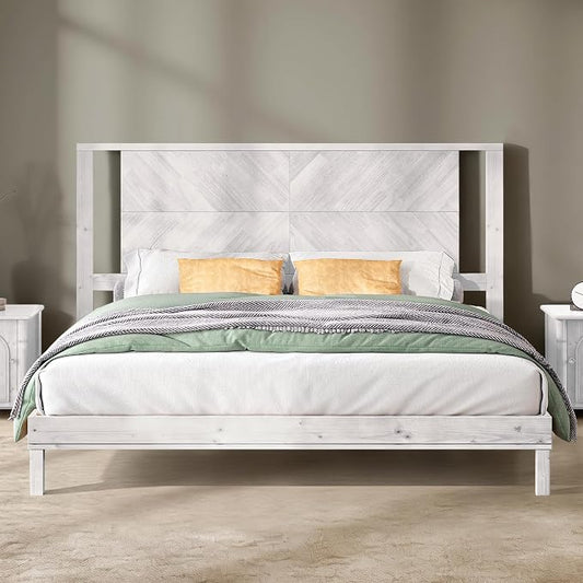 AMERLIFE Solid Wood King Size Bed Frame with Headboard, Mid Century Modern Style Platform Bed with Under-Bed Storage, No Box Spring Needed, Noise Free, Easy Assembly, Antique White