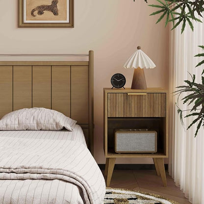 YAUKOMEL Fluted Night Stand with Opening Storage,Mid Century Bedside Table with Drawer,Wood Nightstand with Legs,End Table Side Table for Living Room,Bedroom,Caramel Oak 11.8"Dx15.7Wx 25.2"H CTG56BR