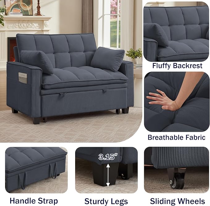 Sleeper Sofa with Pull Out Couch Bed, 48.43" Convertible Pull-Out Sofa Bed Chair, 3-in-1 Futon Couch with Reclining Backrest and Side Pockets for Living Room Bedroom Apartment, Dark Grey