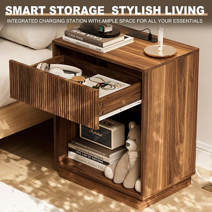 Fluted Nightstands Set of 2, Night Stand with Charging Station, Modern Bed Side Table with Drawer and Storage Shelf, Wood Mid Century End Table for Bedroom Living Room (Walnut)