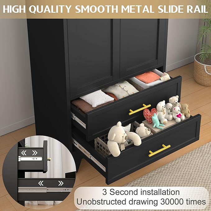 GAIOUS 71" Metal Wardrobe Cabinet with 2 Drawers and Hanging Rod Black | Clothing Storage Cabinets with 2 Doors and Adjustable Shelves, Armoire Wardrobe Closet for Bedroom, Laundry Cloak Room