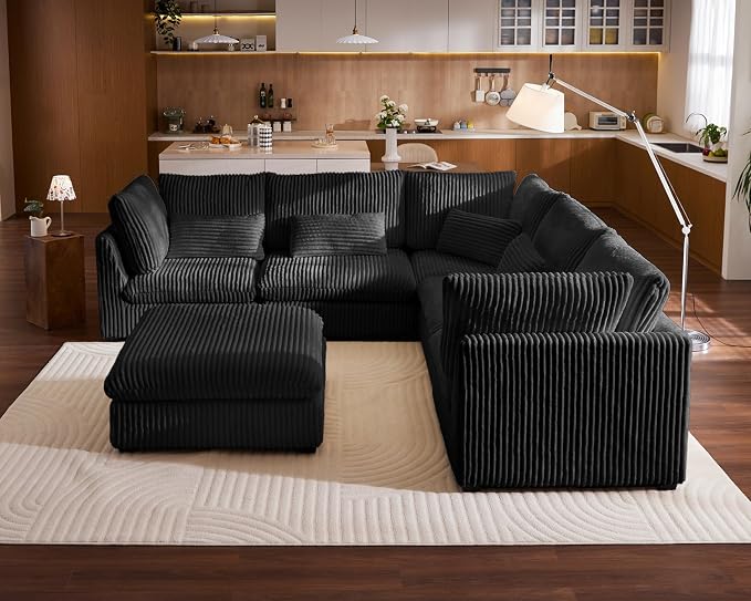 115" Oversized Corduroy Couch Modular Sectional Sofa, Washable Cloud Couch Sectional with Ottoman, 6 Seater Sectional Couches for Living Room, Fully Cover Removable, V Shaped & Corner, Corduroy, Black