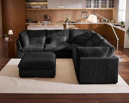 115" Oversized Corduroy Couch Modular Sectional Sofa, Washable Cloud Couch Sectional with Ottoman, 6 Seater Sectional Couches for Living Room, Fully Cover Removable, V Shaped & Corner, Corduroy, Black