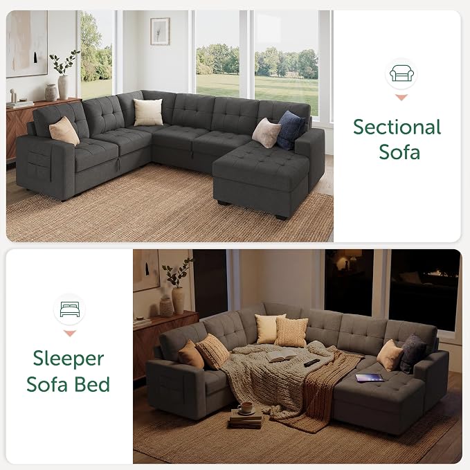 HONBAY Modular Sectional Sleeper Sofa with Pull Out Bed, U Shaped Sleeper Couches with Storage Chaise, 114'' Sleeper Sectional Sofas for Living Room, Apartment (Dark Grey)