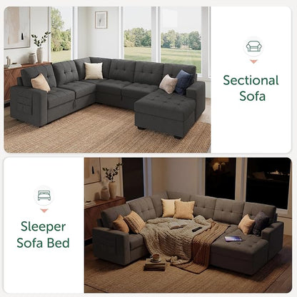 HONBAY Modular Sectional Sleeper Sofa with Pull Out Bed, U Shaped Sleeper Couches with Storage Chaise, 114'' Sleeper Sectional Sofas for Living Room, Apartment (Dark Grey)