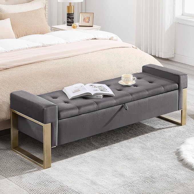 End of Bed Storage Bench, 67'' Benches for Bedroom Foot of Bed King Size, Upholstered Velvet Tufted Storage Ottoman Bench with Gold Legs for Window Living Room Entryway, Grey