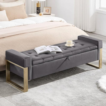 End of Bed Storage Bench, 67'' Benches for Bedroom Foot of Bed King Size, Upholstered Velvet Tufted Storage Ottoman Bench with Gold Legs for Window Living Room Entryway, Grey