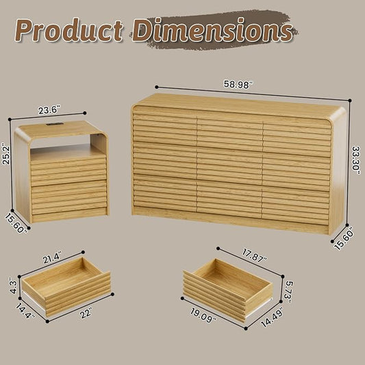 Dresser and Nightstand Sets for Bedroom, 3 Pcs Bedroom Set, Fluted 9 Drawer Dresser with Curved Profile and Night Stand Set of 2 with Charging Station, Wood Chest of Drawers, Natural Oak