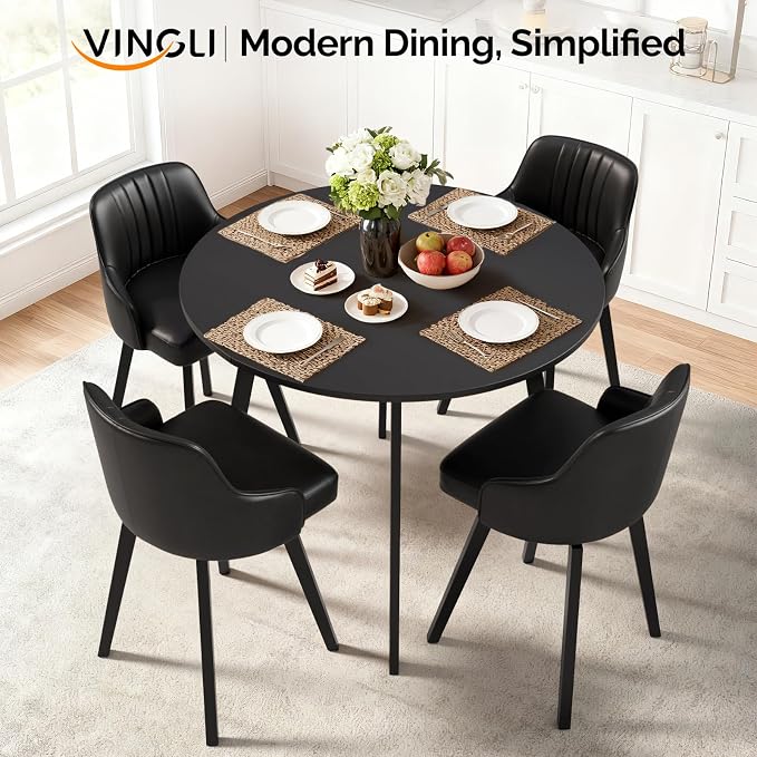 VINGLI Round Dining Table for 2-4, 35in Modern Dining Room Table with Metal Base, Black Wooden Kitchen Table, Space-Saving, Small Space Circle Dinette for Home, Kitchen, Apartment