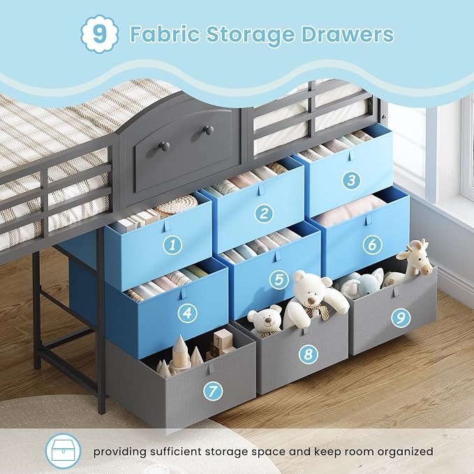 VIAGDO Low Loft Bed Full Size with 9 Storage Drawers and LED Lights, Metal Full Size Loft Bed with Stairway Shelf Storage, Low Loft Bed with Safety Guardrail and Under-Bed Hideaway for Kids, Grey