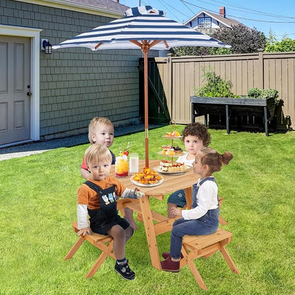 Costzon Kids Picnic Table, Fir Wood Octagon Kids Table and Chair Set with Removable Umbrella, Toddler Activity Table for Backyard, Garden, Patio, Kids Outdoor Furniture for Boys Girls (Natural)