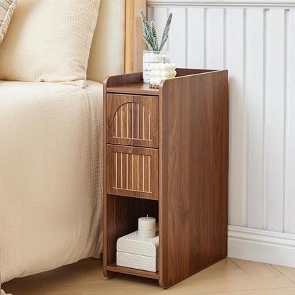Walnut Narrow Nightstand, Wooden Small 2 Drawer Nightstand, Slim Side End Table, Skinny Bedside Table, Mid Century Modern Night Stand with Drawers, for Living Room (Deep Walnut-1 pc)
