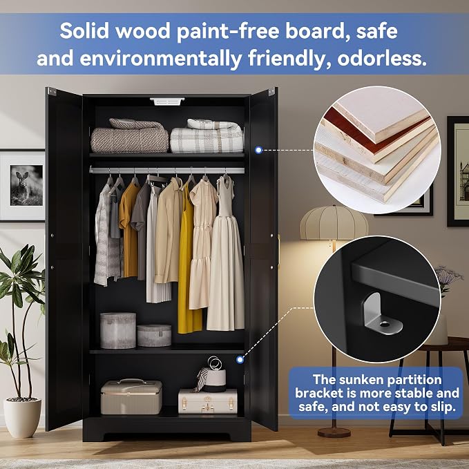Wooden Armoire Wardrobe Closet, Wardrobe Cabinet with Door and Shelves, Freestanding Bedroom Armoires Clothing Storage Cabinet with Hanging Rod for Bedroom, Laundry Room, Cloak Room（Black）