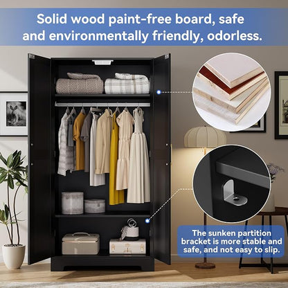 Wooden Armoire Wardrobe Closet, Wardrobe Cabinet with Door and Shelves, Freestanding Bedroom Armoires Clothing Storage Cabinet with Hanging Rod for Bedroom, Laundry Room, Cloak Room（Black）