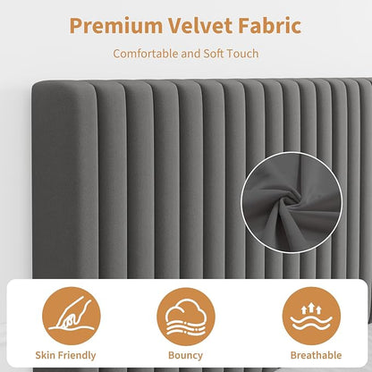 IDEALHOUSE King Bed Frame with Adjustable Headboard, Velvet Upholstered Platform King Size Bed Frame, Vertical Channel Tufted, Strong Wooden Slats, No Box Spring Needed, Easy Assembly, Grey