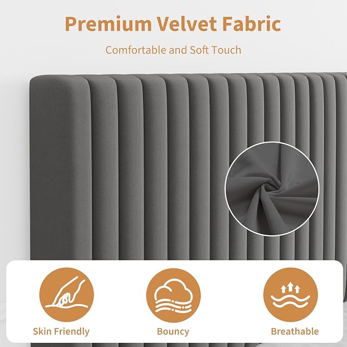 IDEALHOUSE Queen Bed Frame with Adjustable Headboard, Velvet Upholstered Platform Queen Size Bed Frame, Vertical Channel Tufted, Strong Wooden Slats, No Box Spring Needed, Easy Assembly, Grey