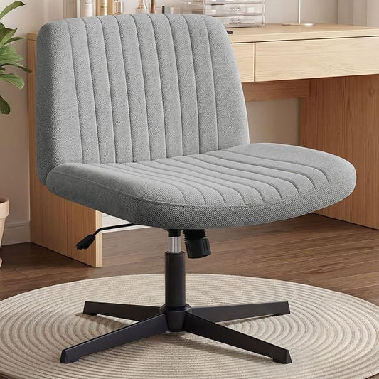 Orange Factory Criss Cross Chair No Wheel Wide Cross Legged Office Desk Vanity Chair Comfy Fabric Armless Adjustable Swivel for Home Computer Task (Grey No Wheel, Classic Fabric)