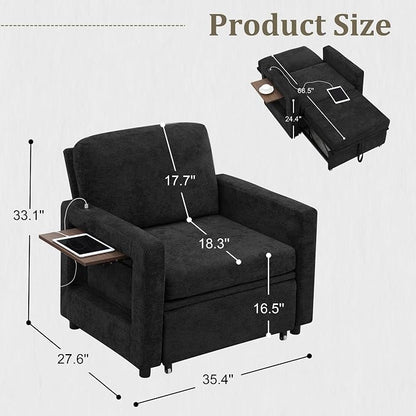 3 in 1 Folding Convertible Sleeper Sofa Bed Pull Out Couch with Side Pockets USB Port Side Table Single Sofa Bed with Adjustable Backrest for Living Room Bedroom 66" Black 1 SEAT