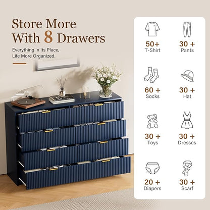 Furniway Navy Blue Dresser for Bedroom, Modern Dresser with 8 Drawers and Smooth Slides, Wide Chest of Drawers with Golden Handles for Bedroom, Closet, 15.7" D x 55" W x 37.4" H