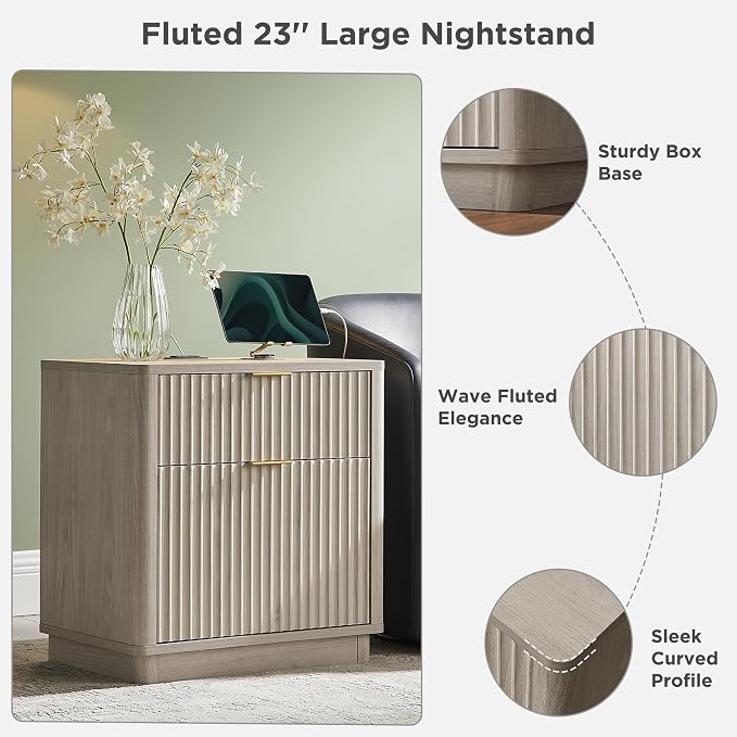 T4TREAM 23'' Fluted Nightstand Set of 2 with Charging Station, Large 2 Drawer Side Table, Modern End Table with Storage, Mid Century Bedside Table for Bedroom, Living Room, Curved Profile, White Alder