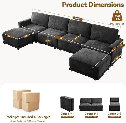 143.8" Modular U Shaped Sofa, Oversized Sectional Cloud Couch, 6 Seater Deep Seat Couches with 2 Movable Ottomans, Comfy Thickened Sofas for Living Room, Chenille Black