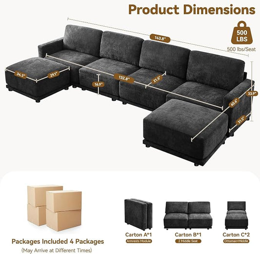 143.8" Modular U Shaped Sofa, Oversized Sectional Cloud Couch, 6 Seater Deep Seat Couches with 2 Movable Ottomans, Comfy Thickened Sofas for Living Room, Chenille Black