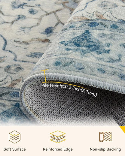 RELEANY Area Rugs Runner 2'6"x14' Washable Non-Slip, Floral Vintage Distress Medallion Carpet for Kitchen Hallway Bedroom Beside Laundry Room Bathroom, Light Blue Navy Gray White