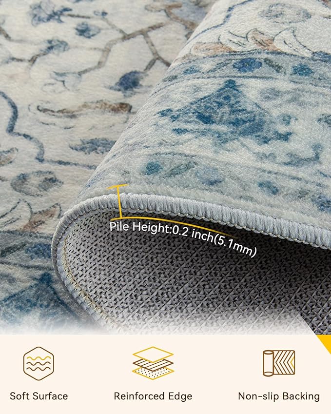 RELEANY Area Rugs Runner 2'6"x12' Washable Non-Slip, Floral Vintage Distress Medallion Carpet for Kitchen Hallway Bedroom Beside Laundry Room Bathroom, Light Blue Navy Gray White