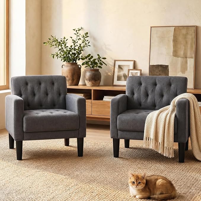 TYBOATLE Accent Chairs Set of 2, Mid Century Modern Upholstered Tufted Living Room Chair for Bedroom, Armchair for Waiting Room, Reading Chair for Office, Grey