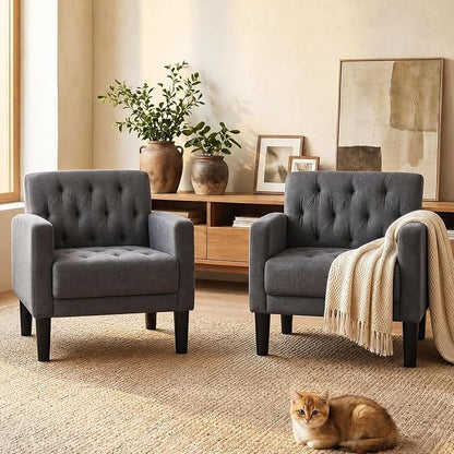TYBOATLE Accent Chairs Set of 2, Mid Century Modern Upholstered Tufted Living Room Chair for Bedroom, Armchair for Waiting Room, Reading Chair for Office, Grey